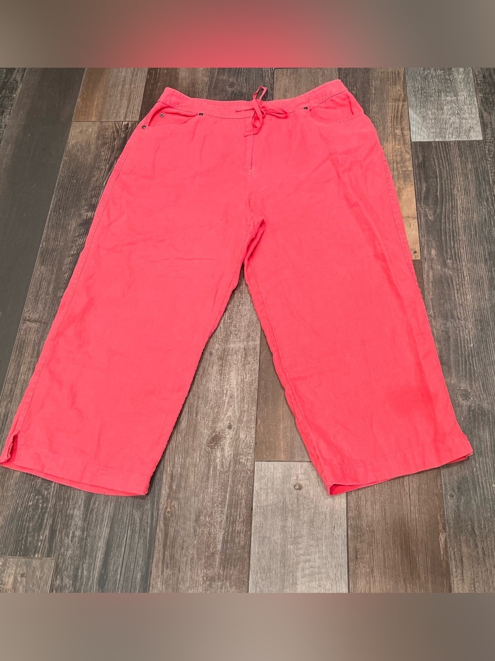 J Jill 100% Linen Wide Leg Pants Drawstring 5 Pocket Style Coral Salmon Sz 14